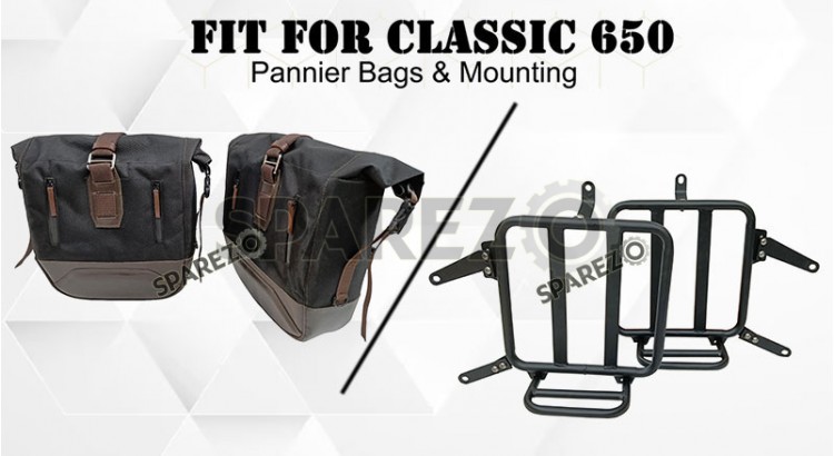 For Royal Enfield Classic 650 Genuine Leather Pannier Black and Brown Bags With Mounting - SPAREZO